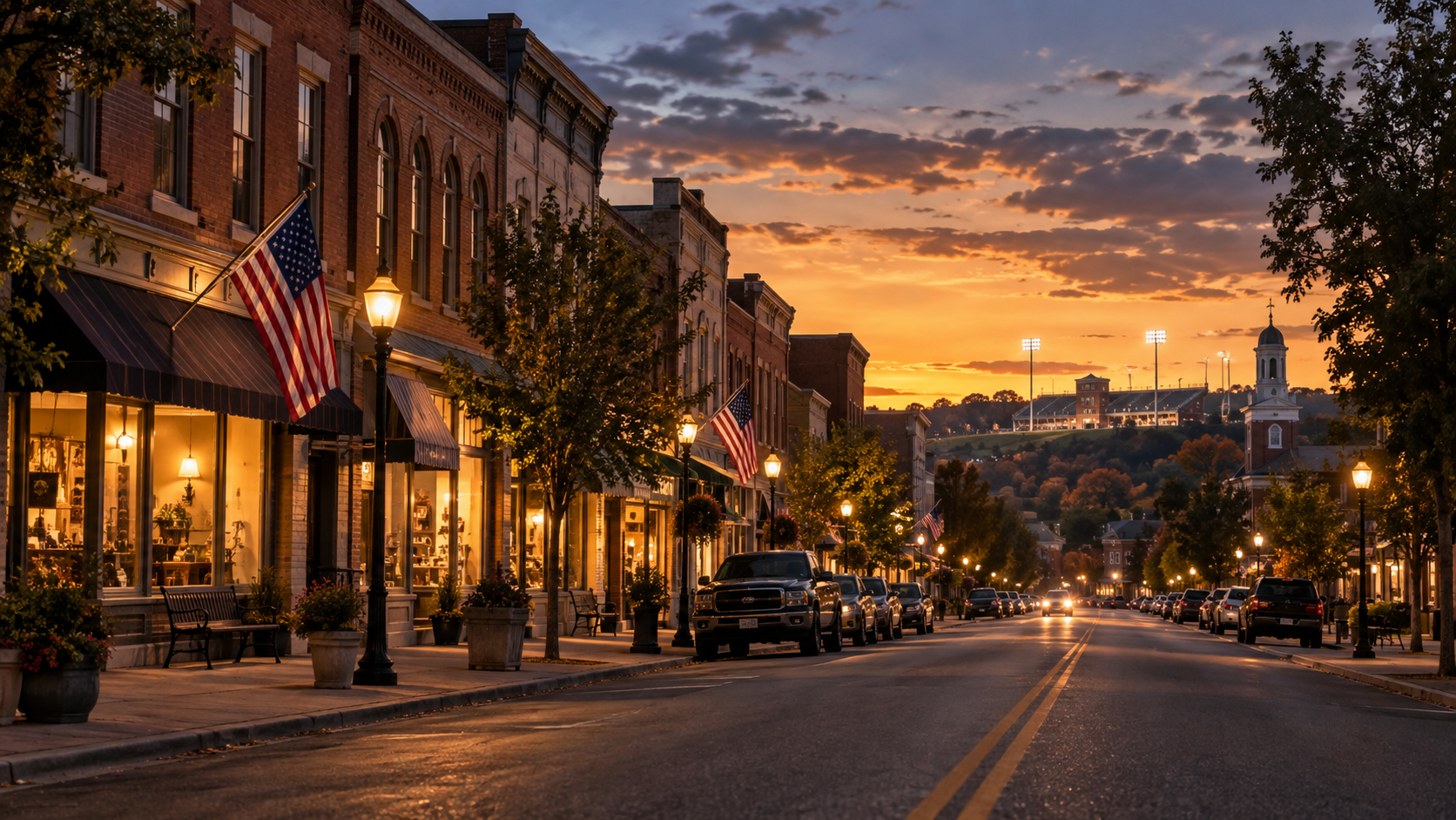 Historic Main Street storefronts, American flags and a road into town in warm evening light.